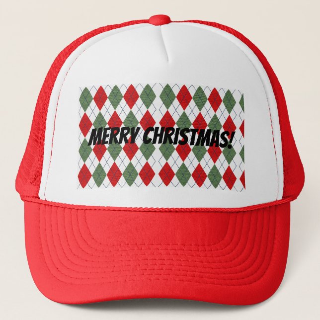 Merry Christmas! Red Green Argyle Plaid Trucker Hat (Front)