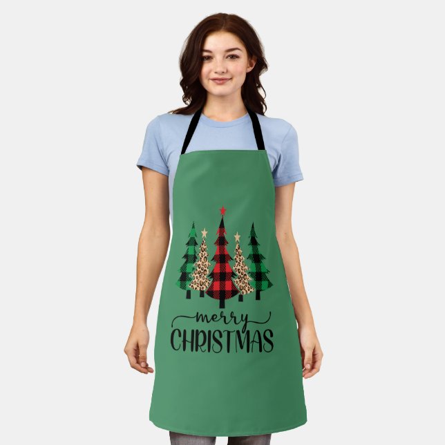 Merry Christmas Red Green Black Buffalo Plaid Tree Apron (Worn)