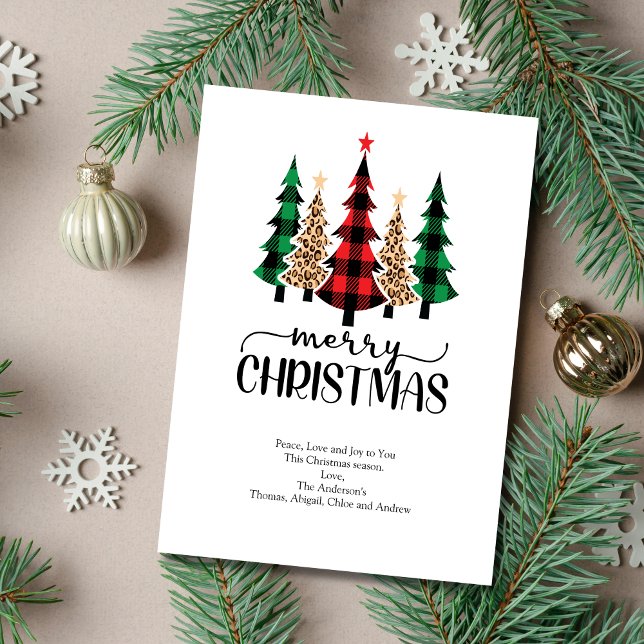 Merry Christmas Red Green Black Plaid Trees Card (Red Green Plaid Leopard Print Christmas Trees Christmas Card. Printed or Instant digital download)