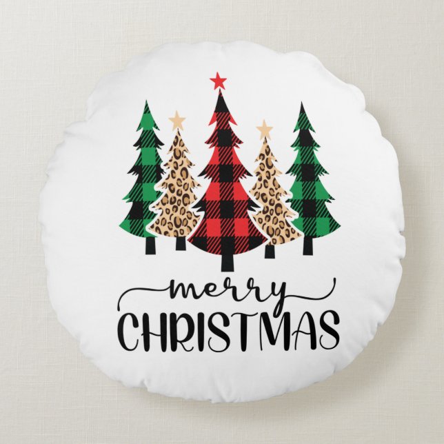 Merry Christmas Red Green Black Plaid Trees  Round Cushion (Front)