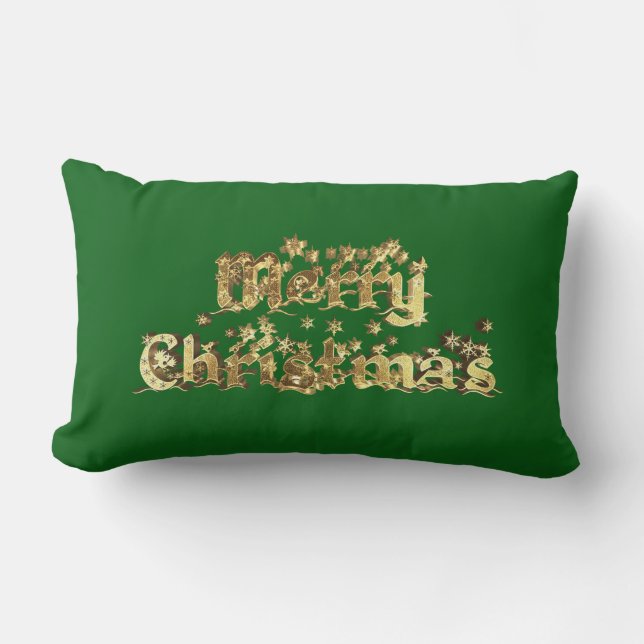 Merry Christmas Red Green Gold Star Typography Lumbar Cushion (Front)