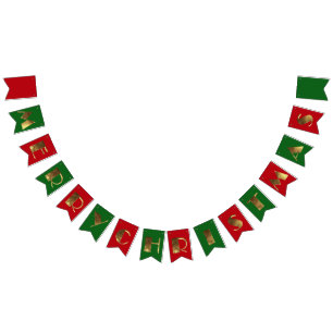 Merry Christmas Red Green Golden Text Typography Bunting