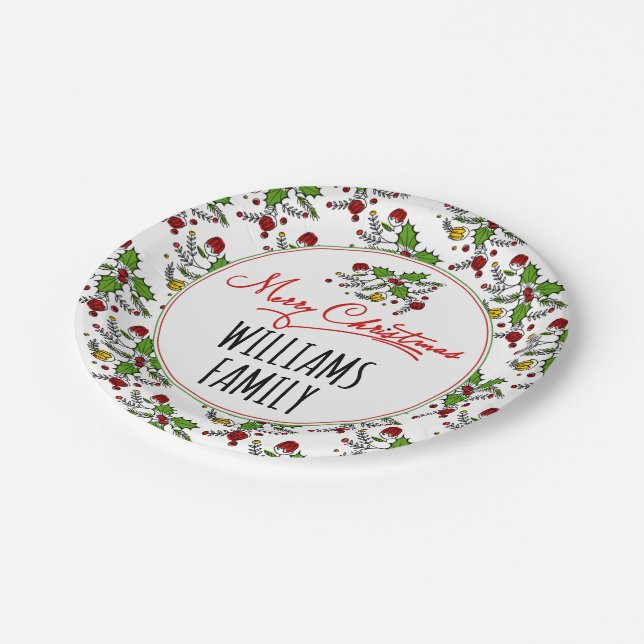 Merry Christmas red green holly berry holidays Paper Plate (Angled)