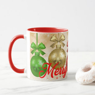 Merry Christmas Red Green Ornaments Snowflakes Mug