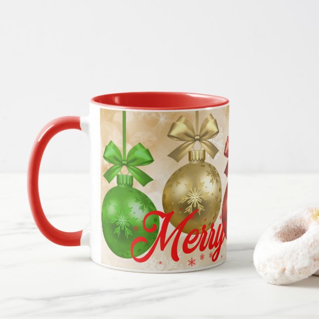 Merry Christmas Red Green Ornaments Snowflakes Mug (With Donut)