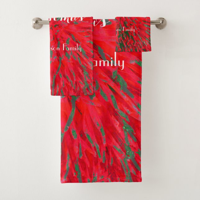 Merry Christmas Red Green Personalised Name Bath Towel Set (Insitu)