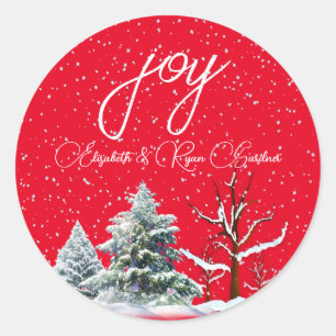 Merry Christmas Red Green Pine Trees Snowflakes    Classic Round Sticker