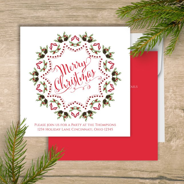 Merry Christmas Red Green Pinecone Party QR Code Invitation (Merry Christmas holiday party invitation with whimsical calligraphy script. )