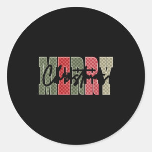 Merry Christmas Red Green Plaid Checkered Xmas Gir Classic Round Sticker