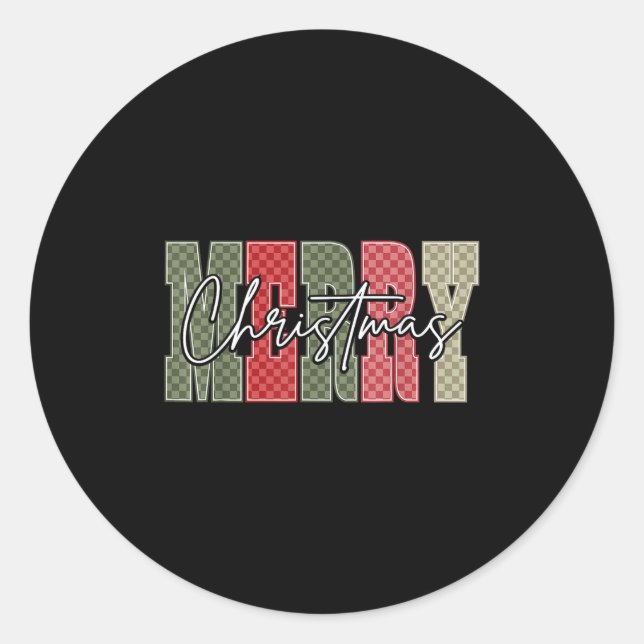 Merry Christmas Red Green Plaid Chequered Xmas Gir Classic Round Sticker (Front)
