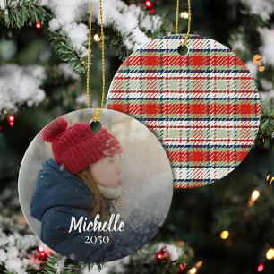 Merry Christmas Red Green Plaid Custom Photo Ceramic Ornament