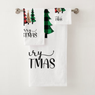 Merry Christmas Red Green Plaid Trees  Bath Towel Set