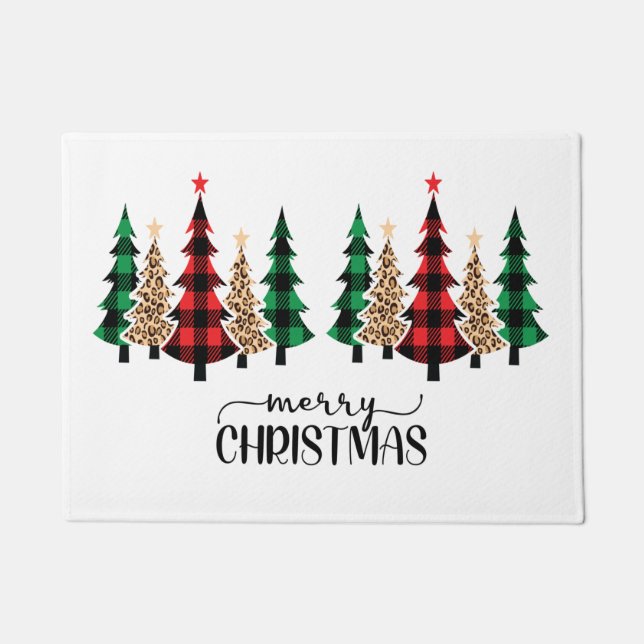 Merry Christmas Red Green Plaid Trees Doormat (Front)