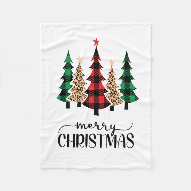 Merry Christmas Red Green Plaid Trees Fleece Blanket (Front)