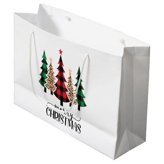 Merry Christmas Red Green Plaid Trees Large Gift Bag (Front Angled)