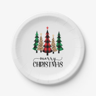 Merry Christmas Red Green Plaid Trees Paper Plate