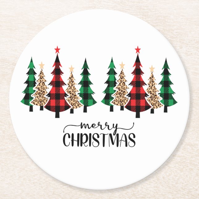 Merry Christmas Red Green Plaid Trees  Round Paper Coaster (Front)