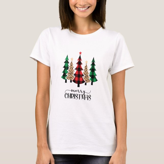Merry Christmas Red Green Plaid Trees T-Shirt (Front)