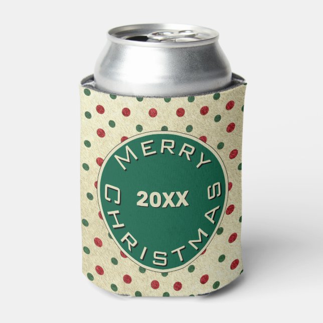 Merry Christmas Red Green Retro Dots Pattern Can Cooler (Can Front)
