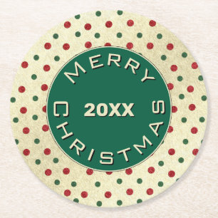 Merry Christmas Red Green Retro Dots Pattern Round Paper Coaster