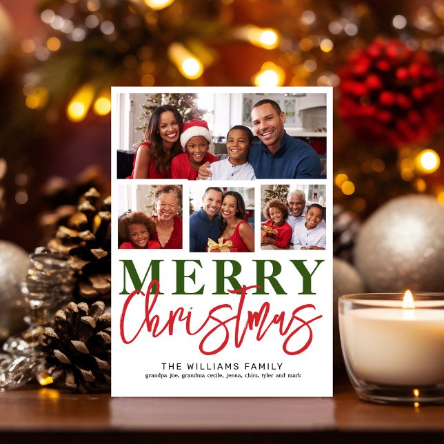 Merry Christmas Red Green Script 4 Family Photo (Merry Christmas Family photo collage magnet)