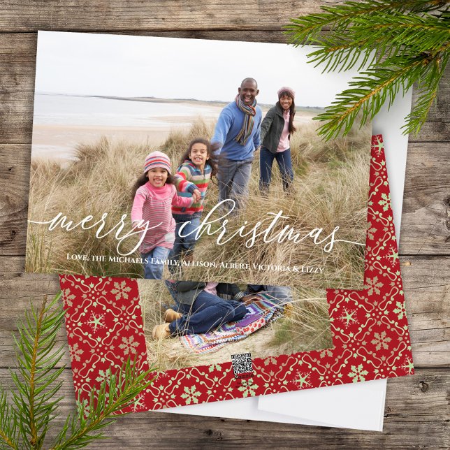 Merry Christmas Red Green Snowflake Two Photo Holiday Card (Merry Christmas Calligraphy Script holiday photo card with elegant snowflake pattern)