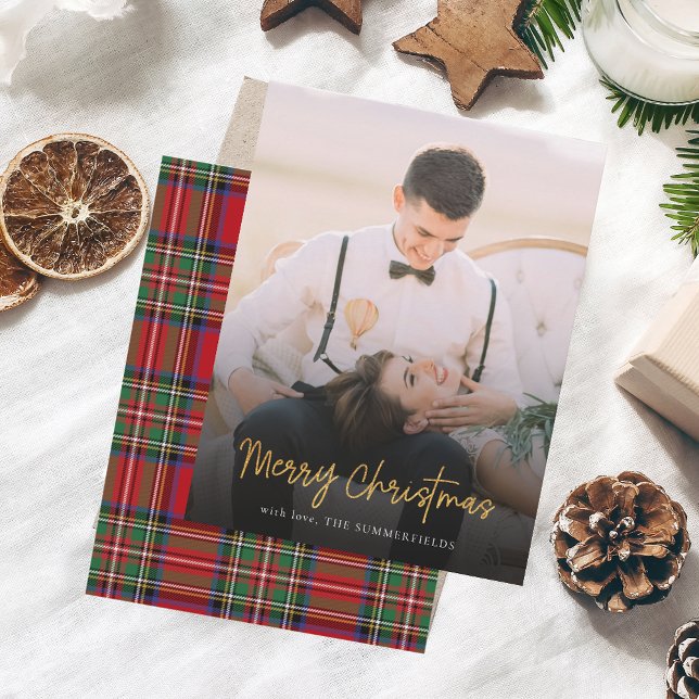 Merry Christmas Red Green Stewart Tartan Photo Card (Rustic Christmas Photo Tartan Greetings Card)