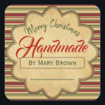 Merry Christmas Red Green Striped Handmade Vintage Square Sticker<br><div class="desc">Get everyone excited about Christmas by handing out your famous pack of handmade gingerbread creations, cookies, fruit mince pies, candle or spa products! This vintage sticker has a green and red striped pattern on a vintage parchment paper background, and it says "Merry Christmas" to the people who will receive your...</div>
