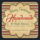 Merry Christmas Red Green Striped Handmade Vintage Square Sticker<br><div class="desc">Get everyone excited about Christmas by handing out your famous pack of handmade gingerbread creations, cookies, fruit mince pies, candle or spa products! This vintage sticker has a green and red striped pattern on a vintage parchment paper background, and it says "Merry Christmas" to the people who will receive your...</div>