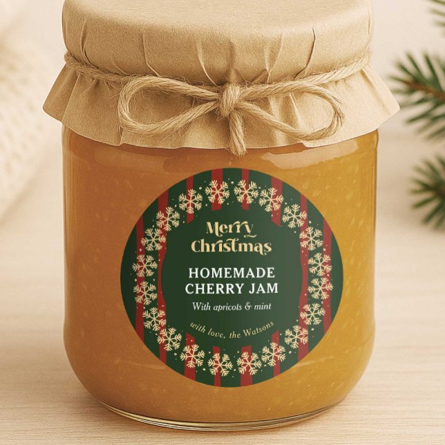 Merry Christmas Red & Green Stripes Homemade Gift  Classic Round Sticker (Classic red & green stripe round DIY gift label - great to apply to jars,, gift boxes or bottles)