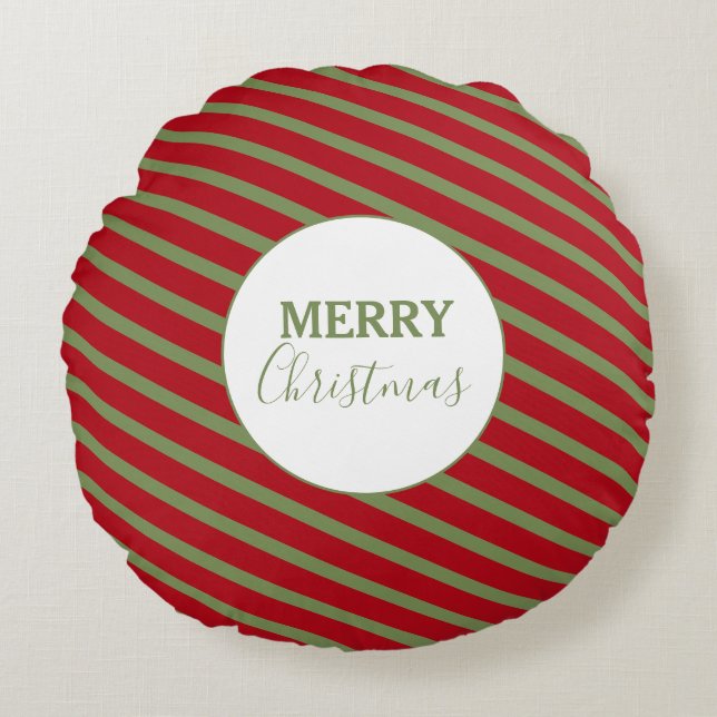 Merry Christmas Red & Green Stripes  Round Cushion (Front)