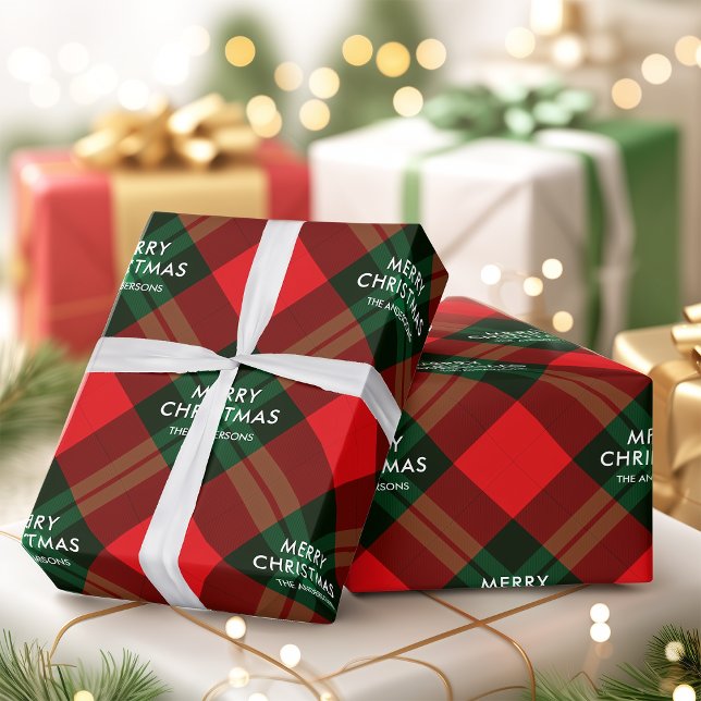 Merry Christmas Red Green Tartan Brand Family Name Wrapping Paper (Merry Christmas Red Green Tartan Brand Family Name Wrapping Paper)
