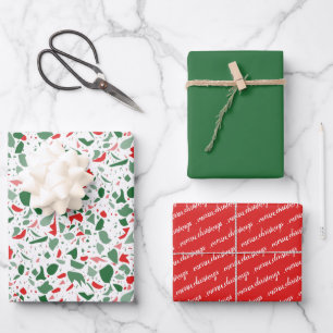 Merry Christmas Red Green Terrazzo Pattern Holiday Wrapping Paper Sheet