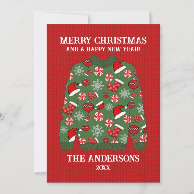 Merry Christmas Red Green Ugly Sweater Holiday Card (Front)