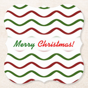 "Merry Christmas!"; Red & Green Wavy Lines Pattern Paper Coaster