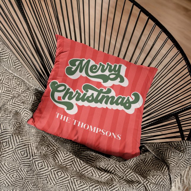 Merry Christmas Red Green Whimsical Retro Cushion (Merry Christmas red and green retro style typography throw pillow. )