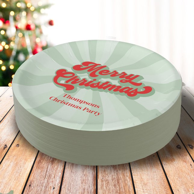 Merry Christmas Red Green Whimsical Typography Paper Plate (Merry Christmas cute retro style calligraphy script paper plate.)