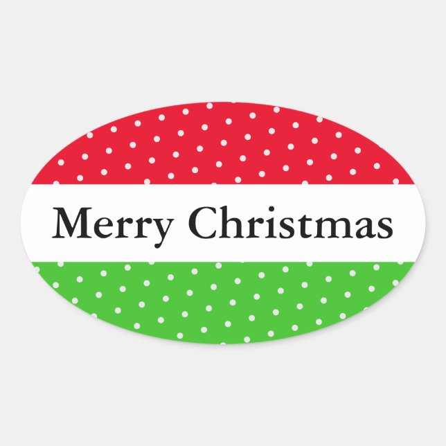 MERRY CHRISTMAS Red Green White Dots Stripes Oval Sticker (Front)