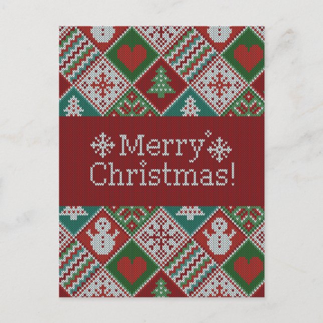 Merry Christmas Red Green White Faux Knit Pattern  Postcard (Front)