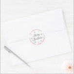 Merry Christmas Red Grey Snowflake Return Address  Classic Round Sticker<br><div class="desc">Personalised Merry Christmas circular return address labels/stickers with Merry Christmas in beautiful handwritten calligraphy with a white background and beautiful green snowflakes. Perfect for your holiday card or invitation envelope. Customise your name/family name and address.</div>