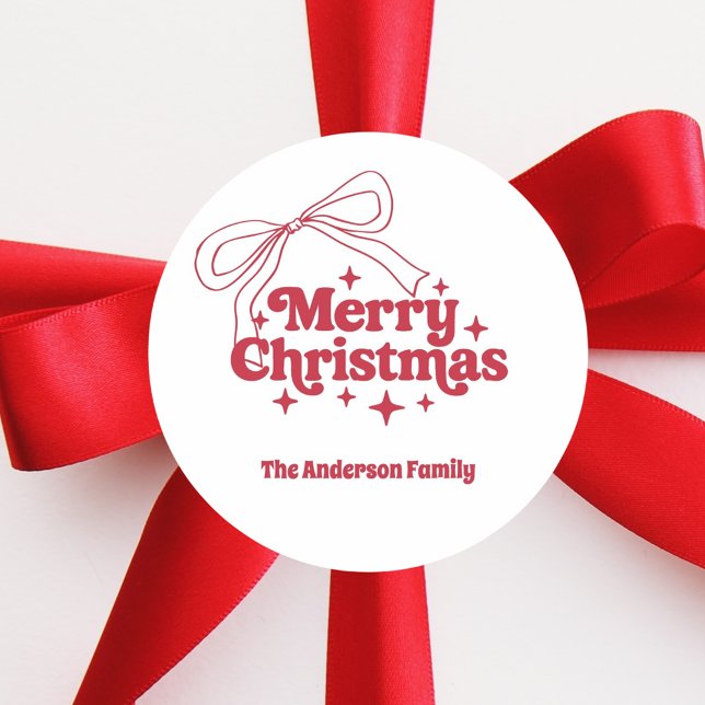 Merry Christmas red hand-drawn bow retro Classic Round Sticker (Creator Uploaded)