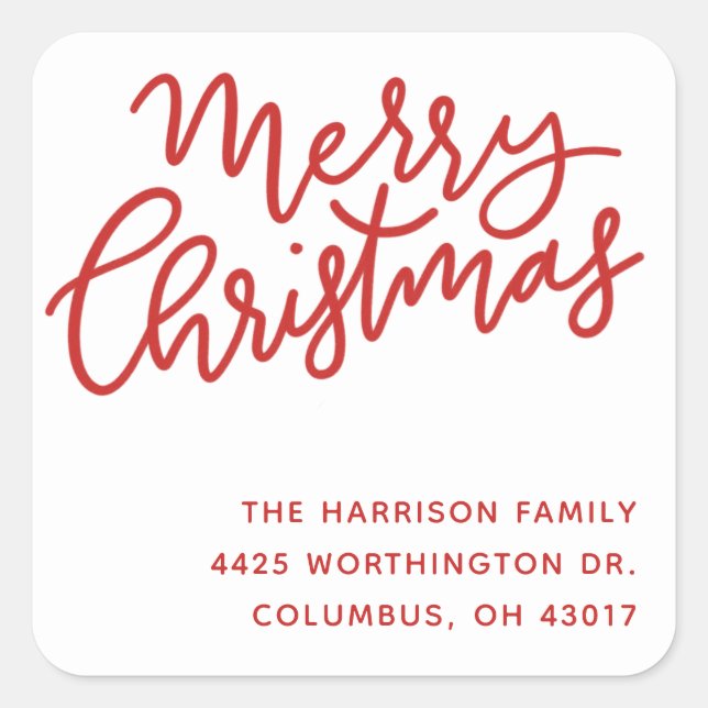 Merry Christmas red handlettered return address Square Sticker (Front)