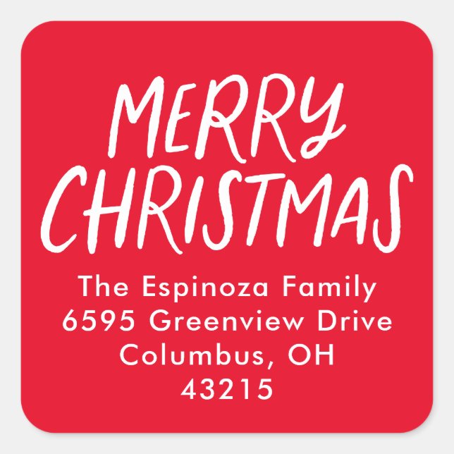 Merry Christmas red handlettered return address Square Sticker (Front)