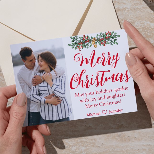 merry christmas red handwriting newlyweds photo  postcard (Creator Uploaded)