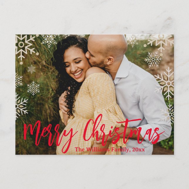 merry christmas red handwriting snowflakes photo postcard (Front)
