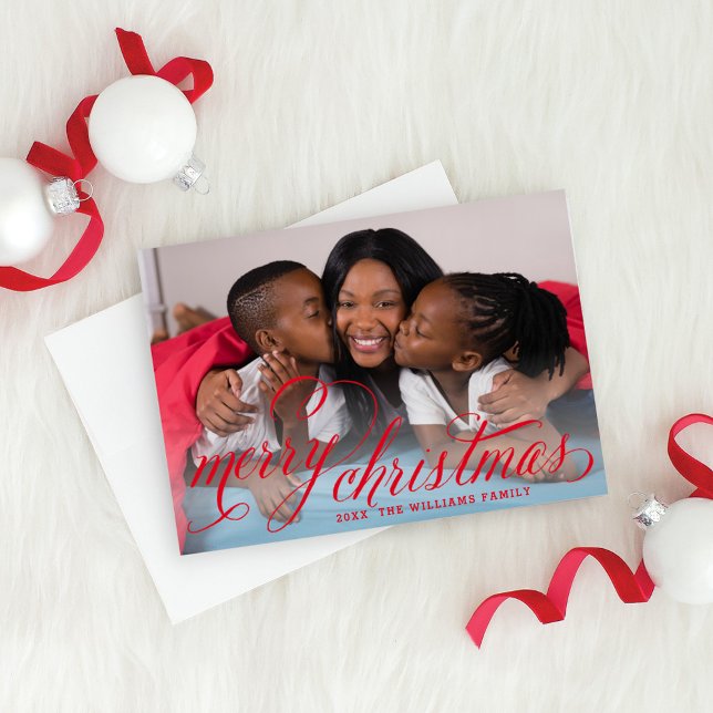 Merry Christmas Red Handwritten Script Photo Holiday Card (Creator Uploaded)