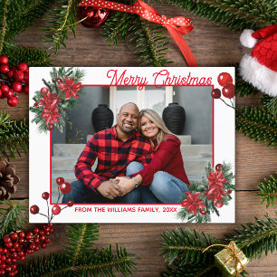 merry christmas red holly berries floral photo postcard