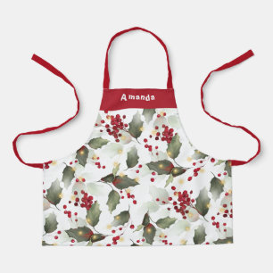 Merry Christmas Red Holly Berries Gold Lights  Apron