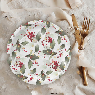 Merry Christmas Red Holly Berries Gold Lights Paper Plate