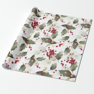 Merry Christmas Red Holly Berries Gold Lights Wrapping Paper